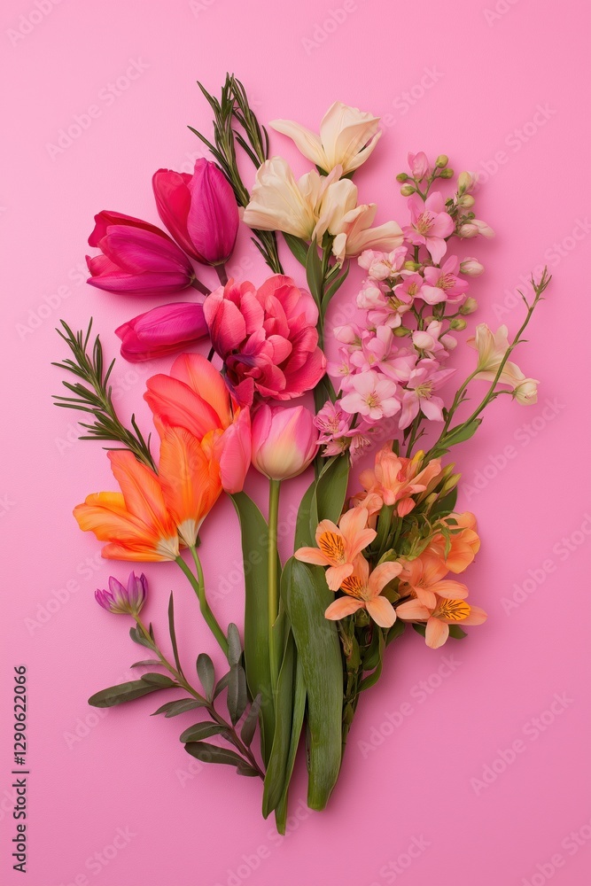 Obraz premium A bouquet of flowers is arranged in a vase on a pink background. The flowers are of various colors and sizes, creating a vibrant and lively atmosphere. The arrangement is a beautiful