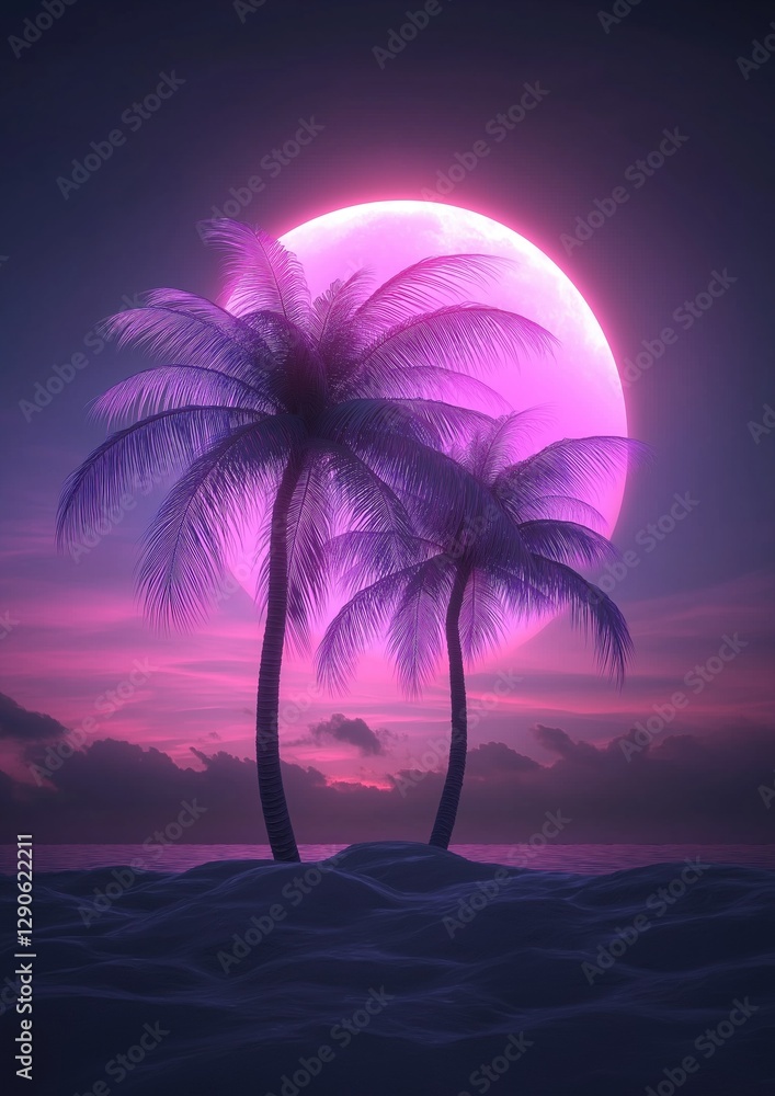 Naklejka premium Digital illustration of two palm trees on a beach at sunset. the sky is a beautiful shade of pink and purple, with a large pink moon in the background.