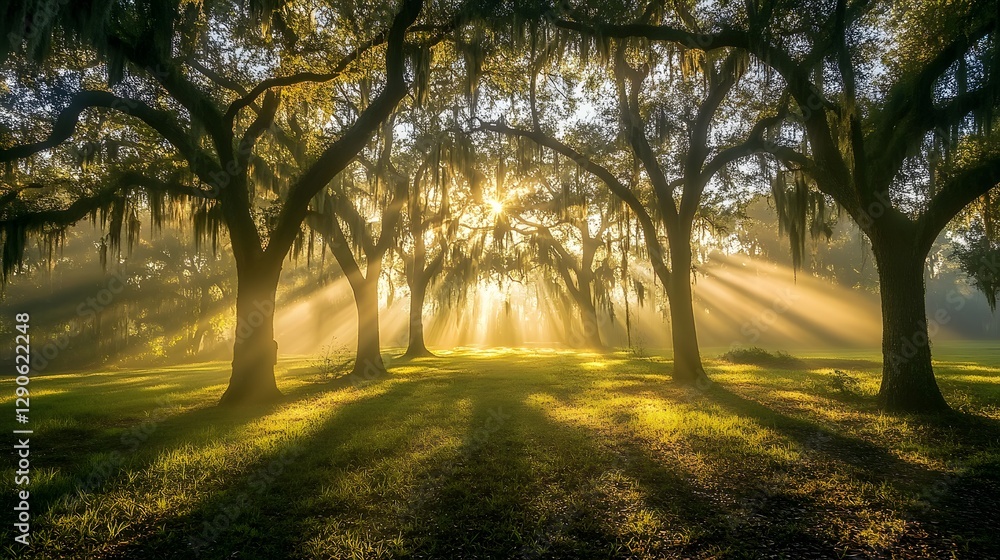 Obraz premium Serene forest pathway, sunbeams filtering through lush trees, creating a mystical atmosphere, perfect for nature-themed content.