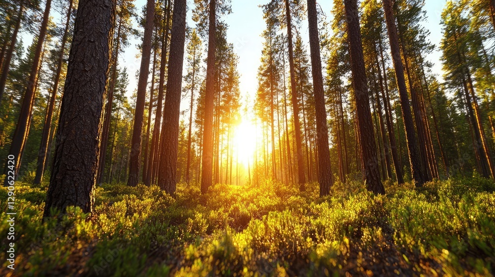 Fototapeta premium Sunlight streams through pine trees in a forest. Possible use Nature photography showcasing the beauty of a forest