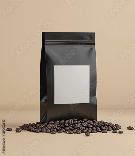 Wallpaper Mural Black coffee bag mockup on beige background with coffee beans Torontodigital.ca