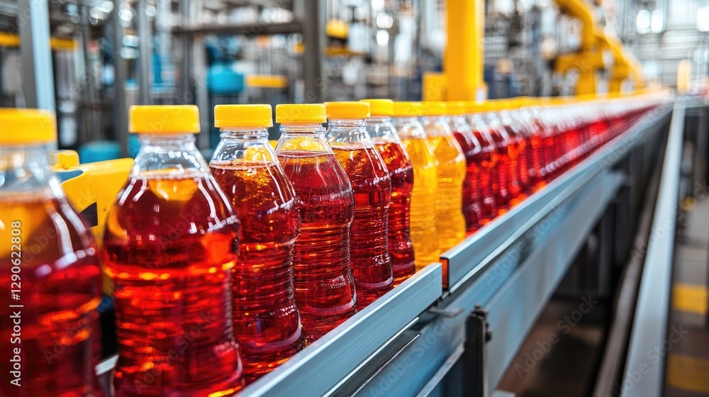 Bottling plant with conveyor belts transporting soft drinks in glass and plastic bottles Bottling plant with conveyor belts transporting soft drinks in glass and plastic bottles