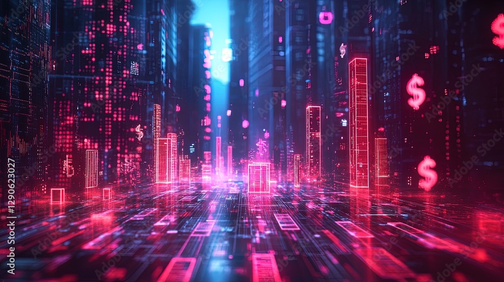 Business growth abstract background, with ascending graphs, glowing dollar symbols, and futuristic buildings Business growth abstract background, with ascending graphs, glowing dollar symbols, and futuristic buildings