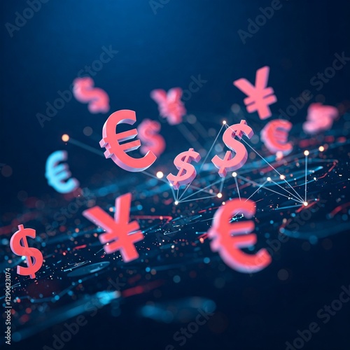 An abstract visualization of digital payments with floating currency icons.