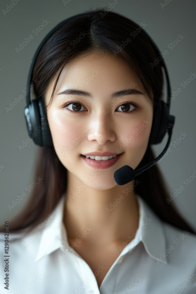 A young woman wearing a headset and speaking into a microphone, possibly in a call center environment. A young woman wearing a headset and speaking into a microphone, possibly in a call center environment.
