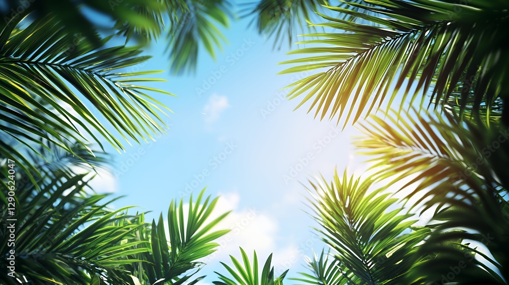 Vibrant Green Palm Leaves and Sunny Blue Sky Vibrant Green Palm Leaves and Sunny Blue Sky