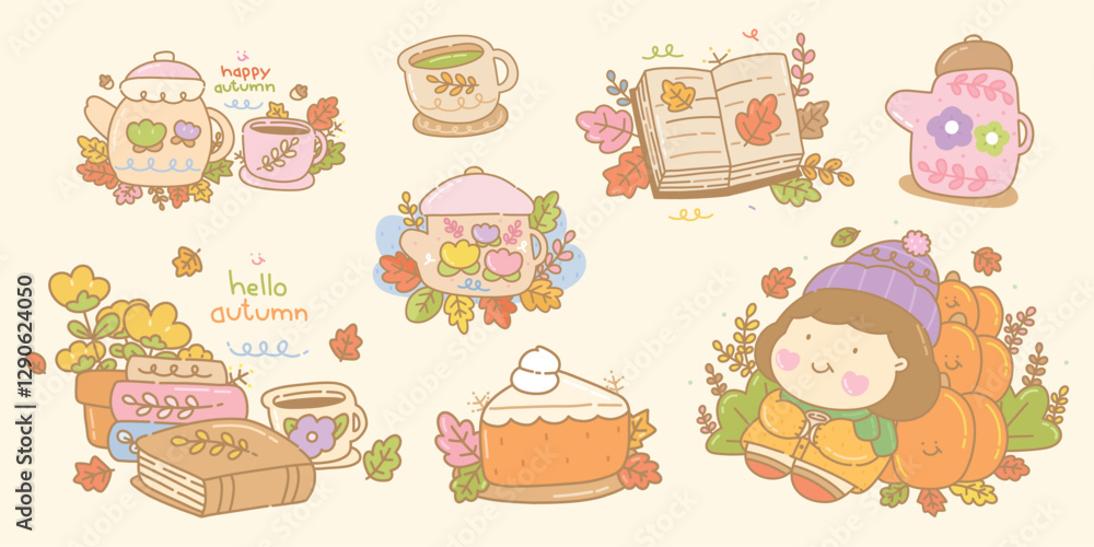 Cute Character in Autumn Set Cute Character in Autumn Set
