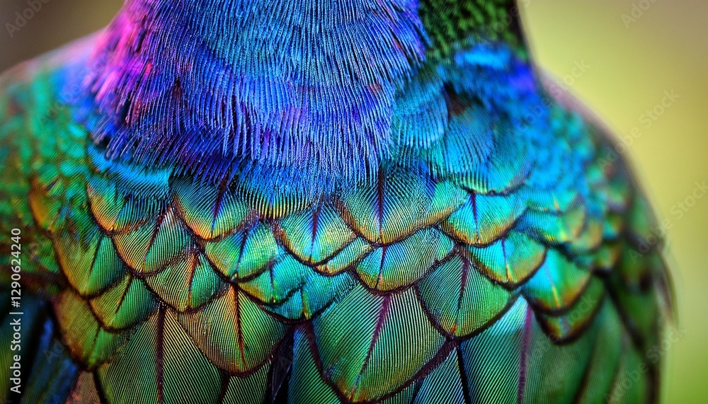Obraz premium Macro shot of a hummingbird's iridescent feathers, shimmering in the light, showcasing their vibrant colors and delicate texture with stunning detail.
