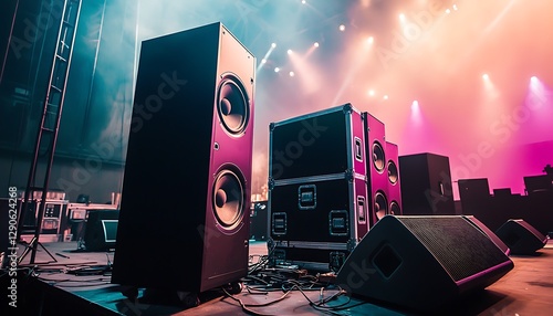 On stage for a live concert or event at a large venue, modern sound reinforcement system with speakers, subwoofers, and audio equipment is set up, captured in high resolution with clear, sharp lines