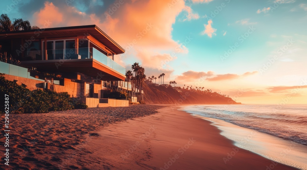 Beachfront Modern House at Sunset With Palm Trees and Gentle Waves Along the Shore Beachfront Modern House at Sunset With Palm Trees and Gentle Waves Along the Shore
