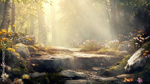Magical Forest Path With Sunlight Beams