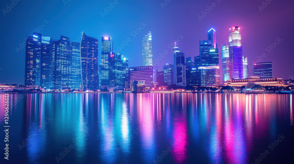 Fototapeta premium Singapore's skyline glows with vibrant lights at night, creating stunning reflections in the water below, showcasing modern architecture