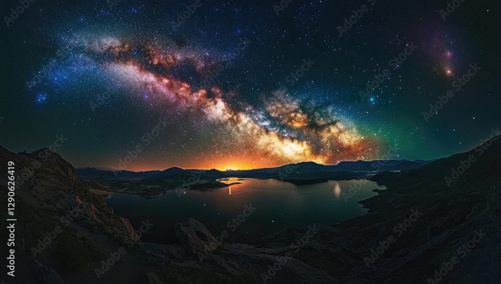 Fototapeta premium Milky Way panorama over mountain lake sunrise
