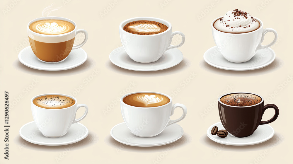 Coffe cup top view realistic vector drink different types of coffee, cappuccino, latte, chocolate, cocoa on table blackboard. Perfect coffee cups for menu assortment collection aromatic beverage Coffe cup top view realistic vector drink different types of coffee, cappuccino, latte, chocolate, cocoa on table blackboard. Perfect coffee cups for menu assortment collection aromatic beverage