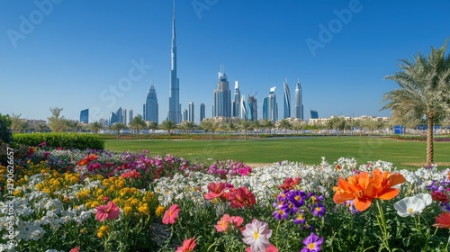 The Dubai Miracle Garden in full bloom, showcasing vibrant flowers, themed displays, and creative floral designs set against the clear blue skies of Dubai s desert landscape photo