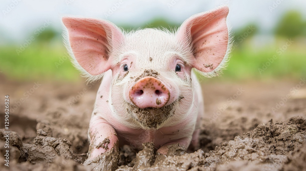 National pig day with cute and playful idea. Cute piglet playing in the muddy ground outdoors. National pig day with cute and playful idea. Cute piglet playing in the muddy ground outdoors.