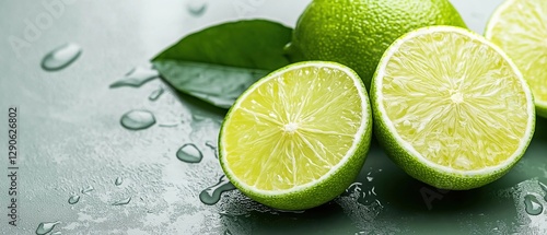 Three whole limes with their leaves on a dark grey background. the limes are arranged in a triangular formation, with one lime in the center and two on either side.