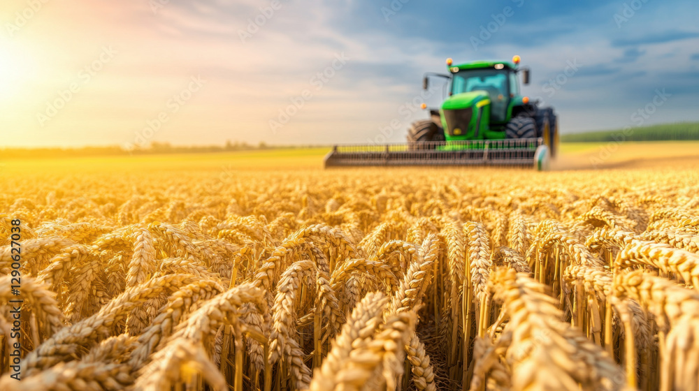 Fototapeta premium Harvesting wheat in golden field with tractor under bright sky. scene captures essence of summer agriculture and beauty of rural landscapes