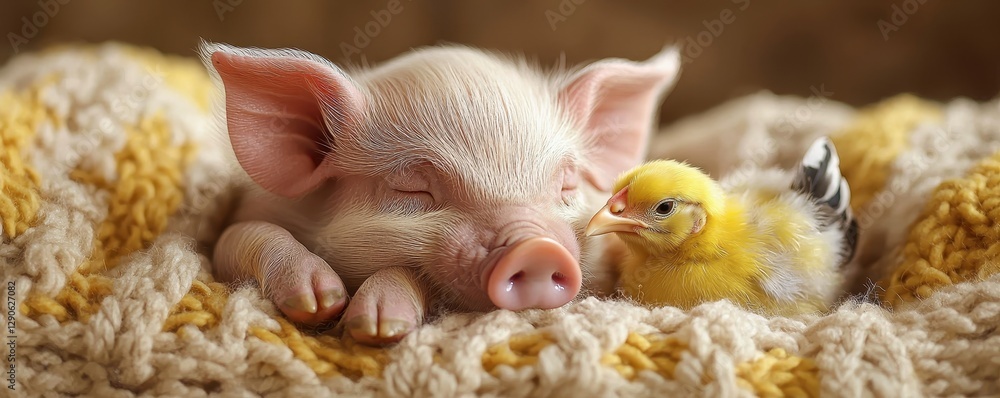 National pig day with cute and playful idea. Sleepy piglet cuddling with a chick on a cozy blanket. National pig day with cute and playful idea. Sleepy piglet cuddling with a chick on a cozy blanket.