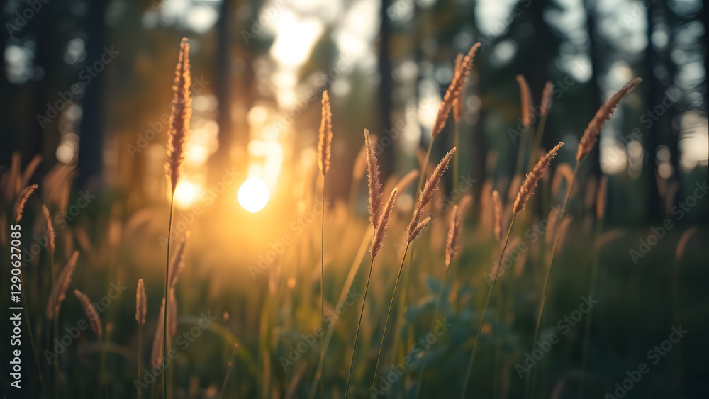 Wild grass in a forest at sunset, captured in a macro shot with a shallow depth of field. Soft, warm golden light filtering through the tree Wild grass in a forest at sunset, captured in a macro shot with a shallow depth of field. Soft, warm golden light filtering through the tree