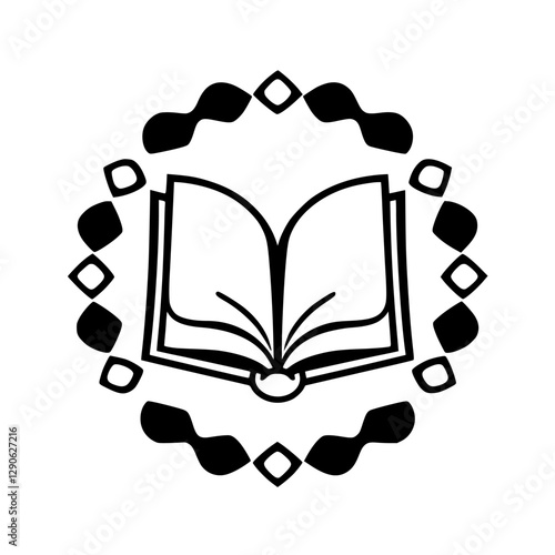 Illustration of an open book within a decorative circular border composed of organic, black shapes against a white background.