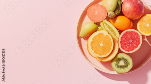Colorful fruit arrangement on pastel plate creates vibrant, fres