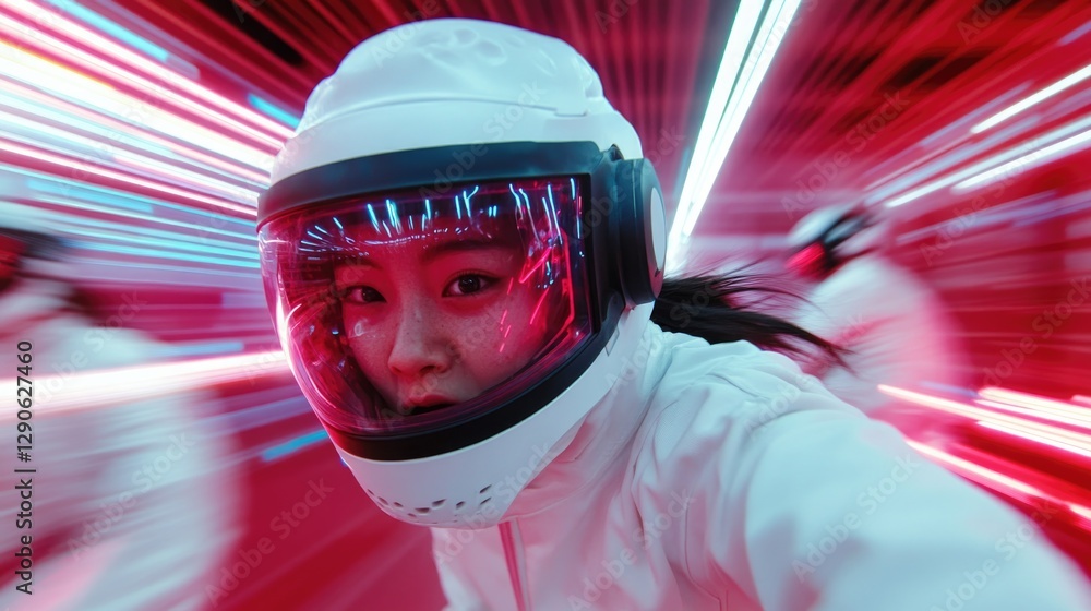 Futuristic scene showcases astronaut in dynamic, vibrant environ Futuristic scene showcases astronaut in dynamic, vibrant environ
