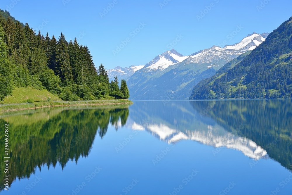 Naklejka premium Scenic Mountain Landscape with Calm Lake and Pine Forest Reflection