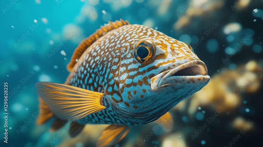 Obraz premium A vibrant close-up of a colorful fish underwater, showcasing realistic details of aquatic life. Perfect for themes on marine wildlife and natural beauty.