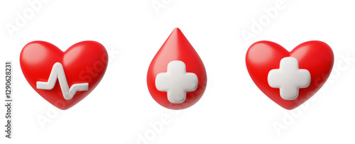 Vector 3d set with red hearts and blood drop with white crosses and heartbeat scale.