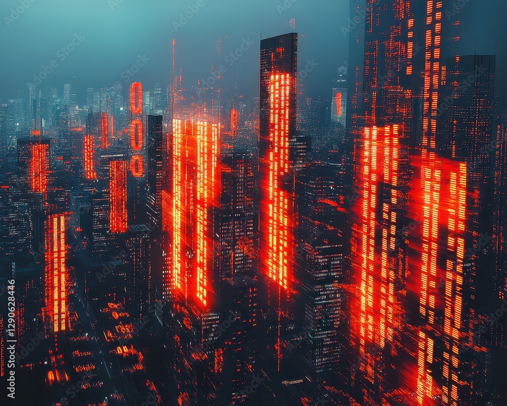 Fototapeta premium City skyline fading into digital red numbers, economic data crash metaphor, financial collapse, debt overload, market decline