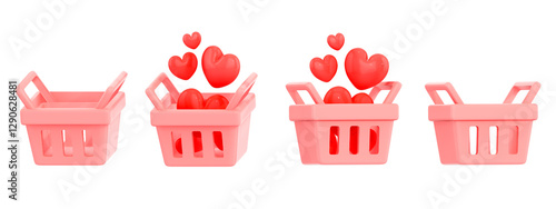 heart, basket, shopping, 3d, object