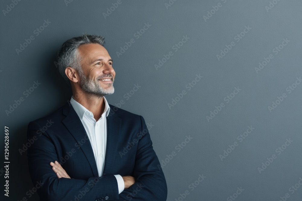 Young man with beard looking serious in grey suit and white shirt with arms crossed.