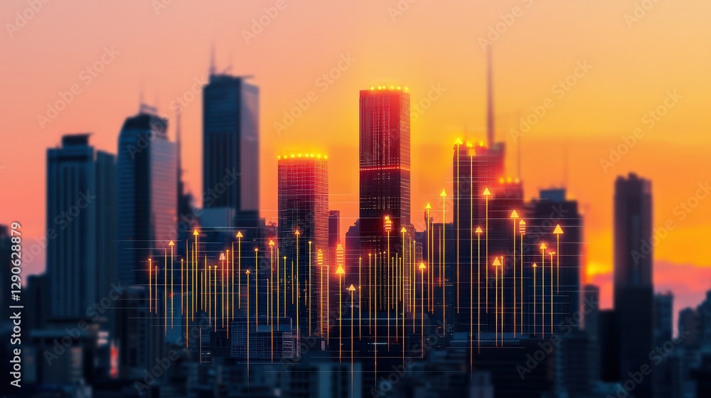peak energy demand concept. Urban skyline with a digital overlay during sunset. peak energy demand concept. Urban skyline with a digital overlay during sunset.