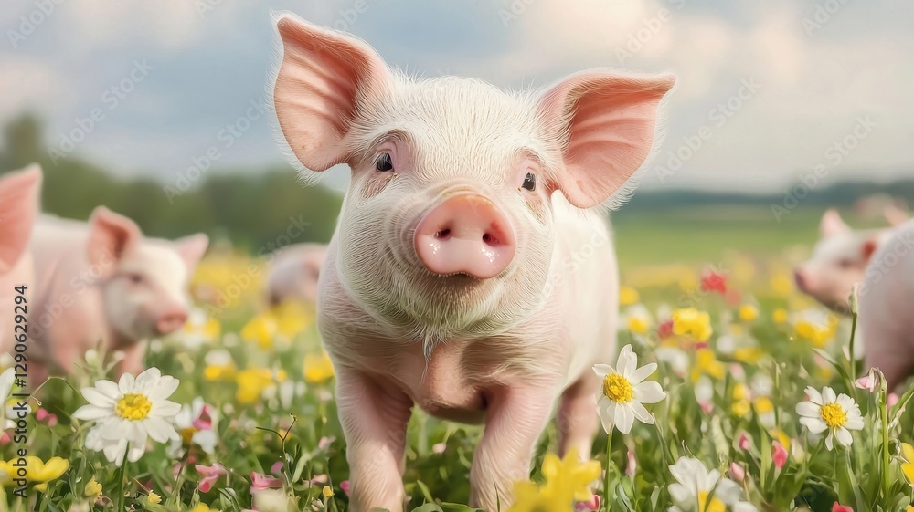 National pig day with cute and playful idea. Cute piglet in a flower-filled meadow. National pig day with cute and playful idea. Cute piglet in a flower-filled meadow.