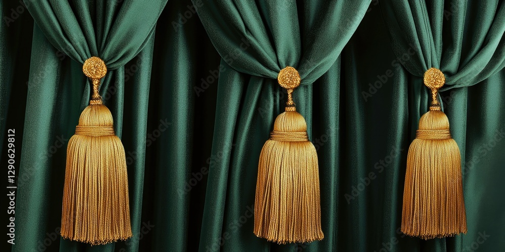 Three gold fringed tassels on a green velvet curtain, symbolizing royalty and elegance in a theater setting.