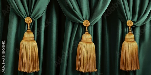 Obraz na płótnie Three gold fringed tassels on a green velvet curtain, symbolizing royalty and elegance in a theater setting. w salonie