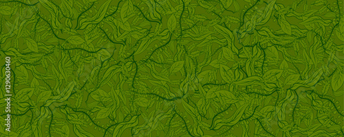  pattern with green leaves. Hand-drawn illustration.