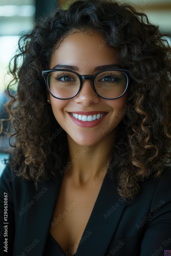 A confident woman in a professional setting, with glasses and smiling. A confident woman in a professional setting, with glasses and smiling.