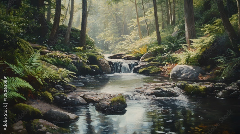 Obraz premium Serene forest stream, tranquil water flowing through lush greenery, perfect for nature themes or relaxation text.