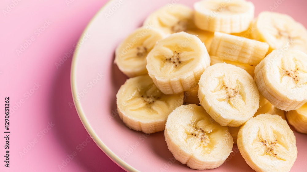 Fresh banana slices arranged on pink plate create vibrant and inviting display. This delightful presentation is perfect for healthy snack or dessert Fresh banana slices arranged on pink plate create vibrant and inviting display. This delightful presentation is perfect for healthy snack or dessert