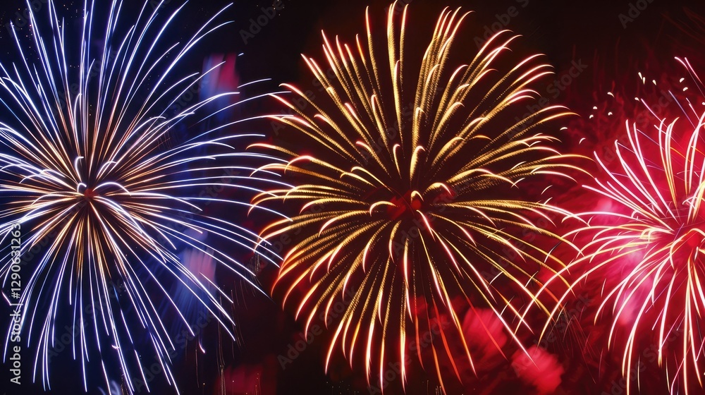 Obraz premium Vibrant fireworks display against dark night sky symbolizing new beginnings, dynamic burst of light captured with wide-angle lens, ample copy space for text or design elements.