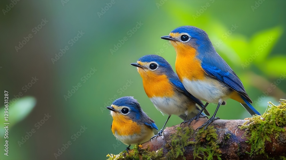 Vibrant Blue and Orange Birds Perched on Mossy Branch in Lush Green Forest Vibrant Blue and Orange Birds Perched on Mossy Branch in Lush Green Forest
