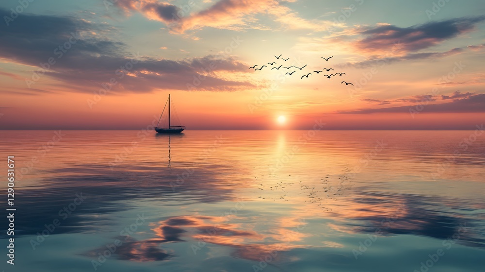 Serene sunset on calm water, vibrant orange and blue hues reflecting, sailing boat silhouette, perfect for tranquil scenes. Serene sunset on calm water, vibrant orange and blue hues reflecting, sailing boat silhouette, perfect for tranquil scenes.