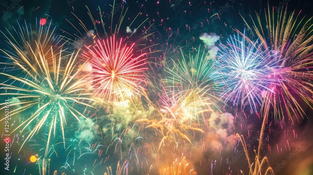 Fototapeta premium Vibrant fireworks display against dark night sky symbolizing new beginnings, dynamic burst of light captured with wide-angle lens, ample copy space for text or design elements.