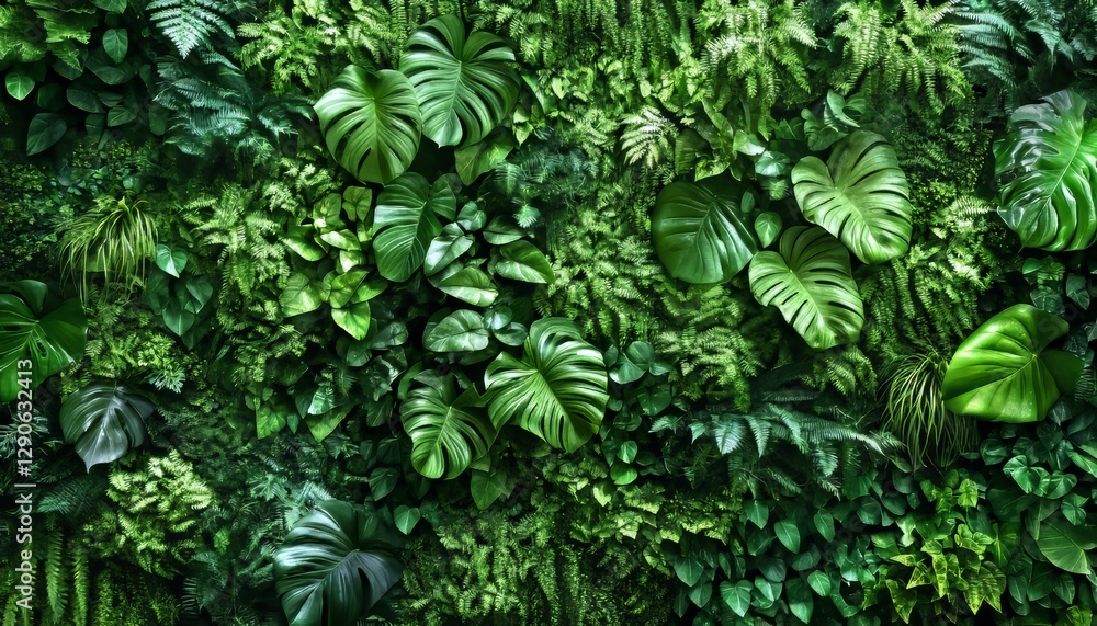 Fototapeta premium Lush Green Wall, Tropical Foliage Background, Vertical Garden Design, Biophilic Interior