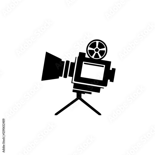 A retro, black and white camera logo against a white background, tripod mounted.