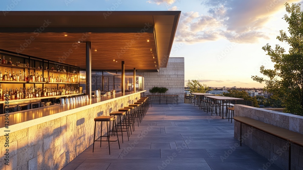Obraz premium Hotel rooftop bar with a stunning city view, modern lighting, and high-end cocktails