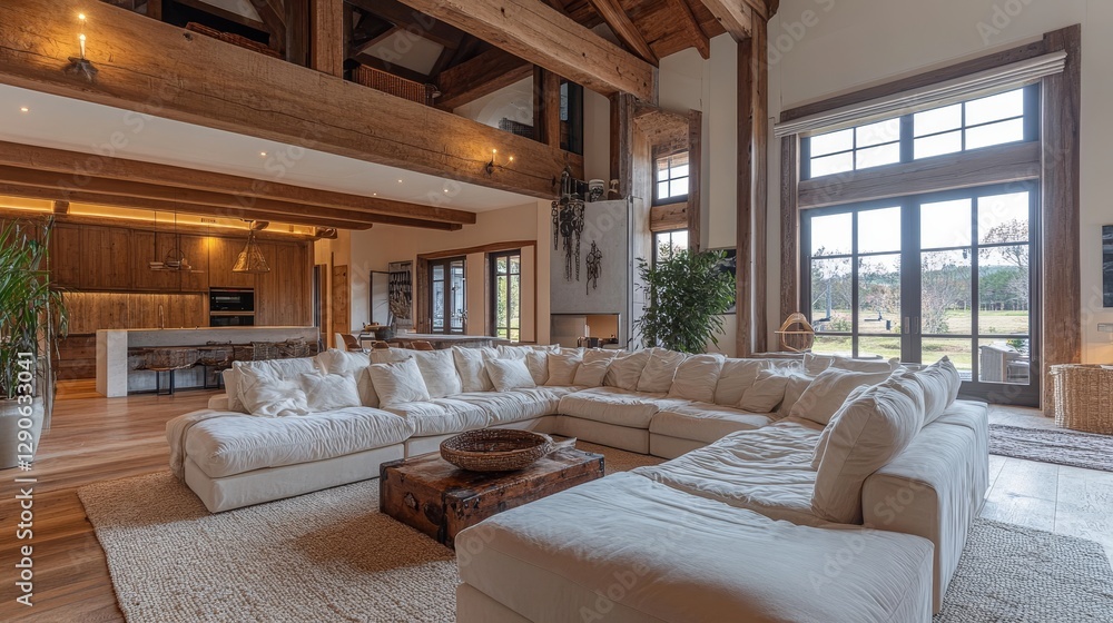 Bright Open Living Room With Spacious White Sectional Sofa and Scenic Views During Daylight in a Modern Countryside Home Bright Open Living Room With Spacious White Sectional Sofa and Scenic Views During Daylight in a Modern Countryside Home