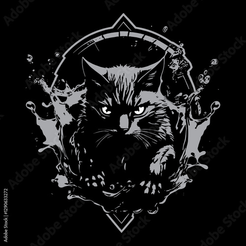 Aggessive Spartan Cat Logo handmade sketch Style Design Black grey funny actions red eyes vector artwork vinyl DTF cut vector poster acrylic t-shirt poster interior logo editable Wall Sticker decor mu